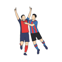 Dynamic football players celebrate victory together with arms raised in triumph, embodying teamwork and success on the field.