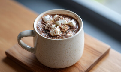 A Cozy Mug of Rich Hot Cocoa Topped with Fluffy Marshmallows and a Dusting of Cocoa Powder on a Wooden Surface. generative ai