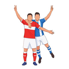 Dynamic duo celebrates victory, two soccer players in uniform with arms around each other showing peace signs and success