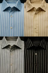 Collection of striped men’s dress shirts in different color combinations: blue, beige, gray, and black. Close-up composition showing collars and buttons, suitable for apparel catalogs, textile present