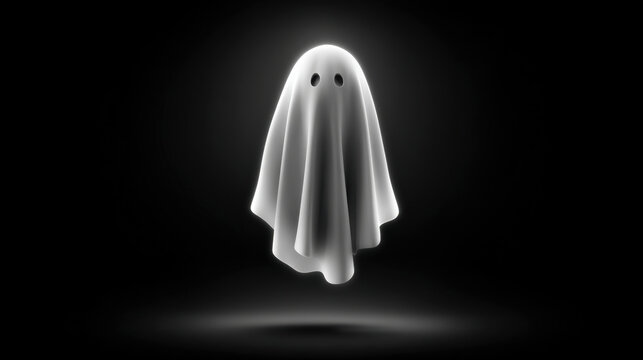 Ghost, A simple vector graphic of a classic floating ghost on a black background. White shape, no shading or shadows. Minimalistic design, suitable for a T-shirt print. 3d illustration.