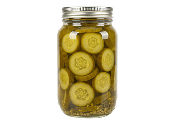 Isolated jar of pickle chips on a neutral background ready for summer BBQ and sandwiches
