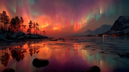 Aurora borealis reflecting on icy water with trees and mountains in the background at night