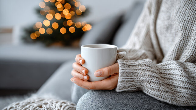 Cozy winter moments with hot drink near festive christmas tree in comfortable living room setting