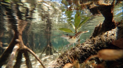 Shrimp perched on a submerged root in shallow, sunlit water, with vegetation visible