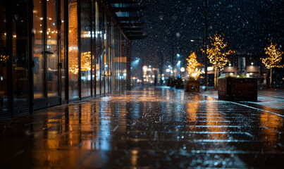 Naklejka premium Tranquil Winter Night Street with Snow and Wet Pavement Reflecting Warm Street Lights in City. generative aI