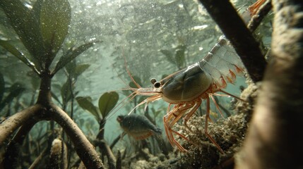 Shrimp swimming close to mangrove roots and a small fish underwater, brown hue