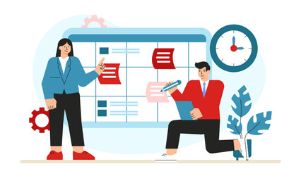 Fototapeta premium Employees Logging Progress in Productivity Tracker Flat Vector Illustration