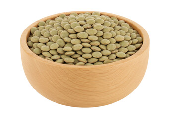 Isolated wooden bowl filled with green lentils for healthy eating and nutrition concept
