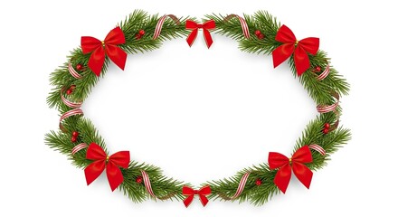 Oval christmas wreath with red bows, berries and ribbon on a white background space