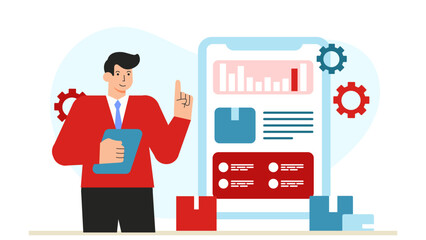 Business Owner Managing Inventory via Mobile App Flat Vector Illustration