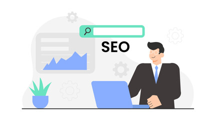 Content Writer Researching Blog Topics Using SEO Tools Flat Vector Illustration