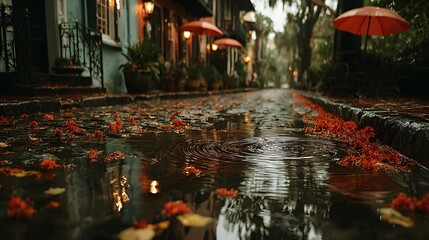 Rainy street scene with reflections and orange umbrellas in the background on a cobblestone road