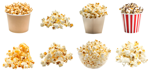A large set of delicious different popcorn isolated on a transparent background PNG