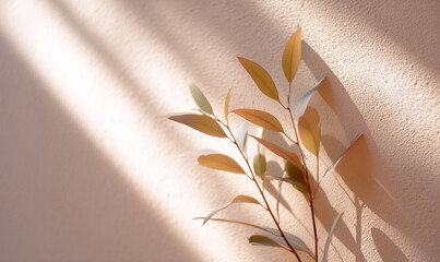Soft Natural Light Casting Gentle Shadows of Colorful Leaves on a Textured Wall Creating a Warm and Serene Interior Atmosphere. generative ai