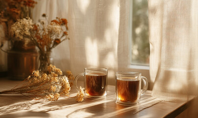 Two Glass Mugs of Warm Tea Beside a Dried Flower Bouquet by Soft Sunlit Window with Sheer Curtains Creating a Cozy and Peaceful Atmosphere. generative ai