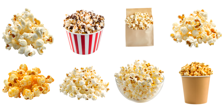 A large set of delicious different popcorn isolated on a transparent background PNG - Powered by Adobe