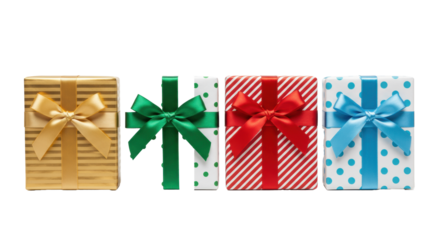Four beautifully wrapped gift boxes, gold, green polka dot, red, blue polka dot, in a horizontal row on a transparent background, soft shadows, high-key studio lighting, festive anticipation