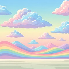 Fototapeta premium Pastel Pixel Art Landscape with Rainbow Hills and Dreamy Clouds.