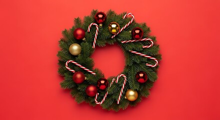 Festive green christmas wreath adorned with shiny red and gold baubles and classic candy canes presented against a vibrant red background for a cheerful holiday celebration