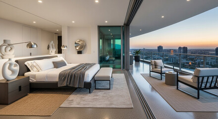 Luxurious modern bedroom with a stunning city view from a private balcony at sunset.