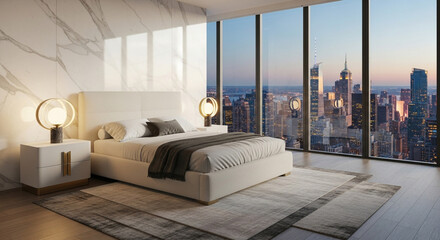 Luxurious modern bedroom with a stunning city skyline view at sunset, featuring elegant furniture and marble accents.