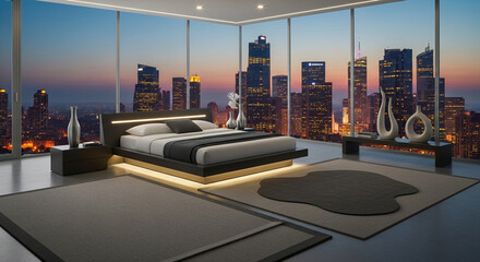 A luxurious modern bedroom with a panoramic view of a city skyline at dusk.