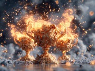 Animated victory screen interface with explosive effects and digital trophies