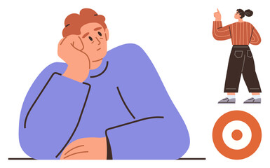 Contemplative person resting head on hand, observing a pointing individual beside a target. Ideal for goal setting, focus, contemplation, teamwork, reflection, motivation career guidance. A simple