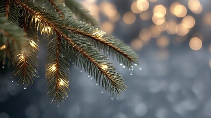 Glistening pine needles with morning dew and soft bokeh lights