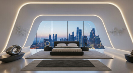 Futuristic bedroom with a panoramic view of a modern cityscape at dusk, featuring sleek furniture and ambient lighting.