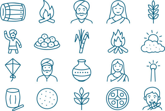 Line art illustration isolated on white background depicting lohri festival symbols drum, fire, people, sweets, sugarcane, kite, pot, and wheat stalk