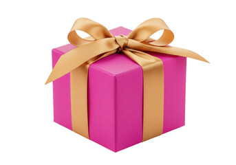 Obraz premium Isolated pink gift box with golden ribbon and bow for a special occasion or celebration