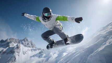 Young caucasian male snowboarder performing jump on snowy mountain slope