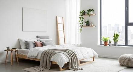 Luxurious modern bedroom and living area with a curved sofa and city skyline view.