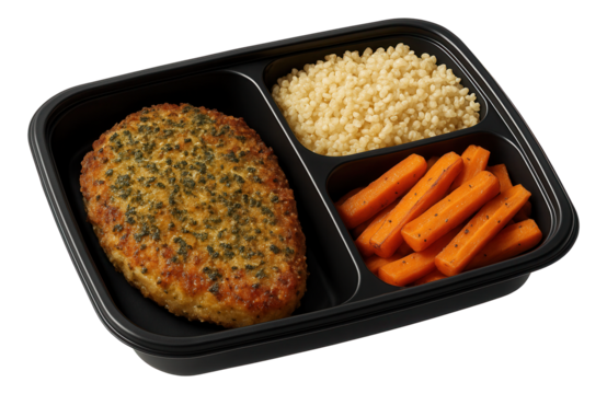 A clear plastic container with saffron rice, cherry tomatoes, and diced chicken, ready for meal prep.