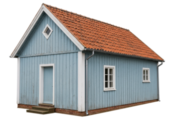 Isolated Old Cottage Building Exterior View, Small Farmhouse with Orange Tile Roof, Blue Siding