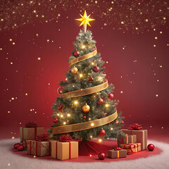 Obraz premium Festive christmas tree with gifts and falling snow