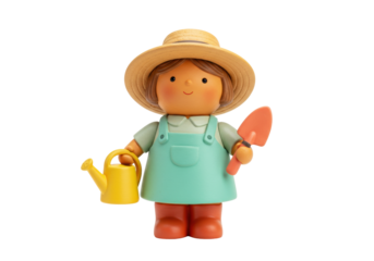 Isolated doll figure of girl gardener with hat, watering can and trowel on background
