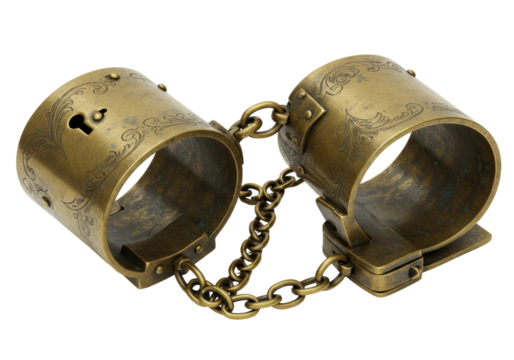 Isolated ornate antique metal restraint shackles with chain, an old-fashioned manacle