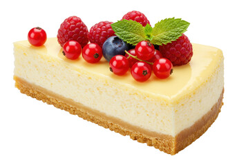 Isolated slice of cheesecake with raspberries, currants, blueberry and mint garnish dessert