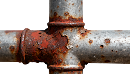 Rusty metal pipe joint showing corrosion and flaking paint on a white backdrop, transparent background png