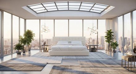 Luxurious modern bedroom with panoramic city views and a skylight.