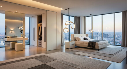 Luxurious modern bedroom with a stunning panoramic city view at sunset, featuring a king-size bed, vanity area, and ample closet space.