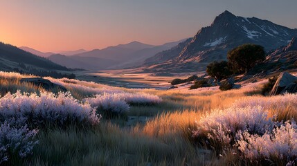 A scenic view of mountains and a field with tall grass at sunset with a colorful sky above them all