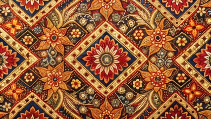 Traditional batik fabric from Surakarta with intricate geometric patterns and vibrant colors, showcasing the unique techniques of this ancient art form, javanese design, surakarta