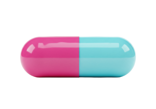 Isolated oblong pink and turquoise capsule pill for health treatment, medicine dosage