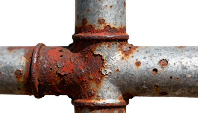 Rusty metal pipe joint showing corrosion and flaking paint on a white backdrop, transparent background png