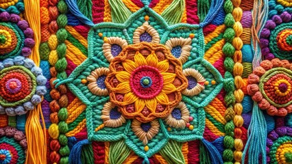 Intricate crochet patterns woven into a colorful tapestry, yarn, fiber art