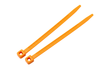 Isolated orange-colored cable ties for fastening objects, useful supplies for bundling items